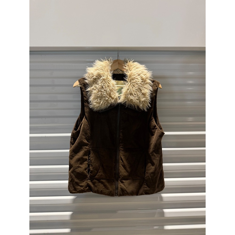 Fusion Brown Corduroy Puffer Vest Faux Fur Collar Y2K Sleeveless Jacket XL‎